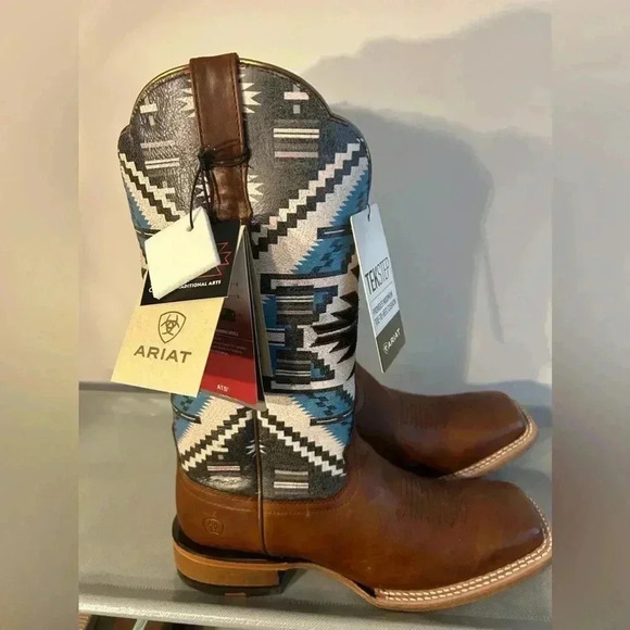 Ariat Shoes - Ariat Brown Leather & Blue Patterned Western Combat Boots